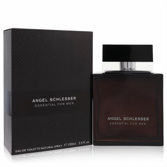 Angel Schlesser Essential for Men 3.4 oz Eau De Toilette. Elegant dark amber glass bottle, black cap, and matching textured box.