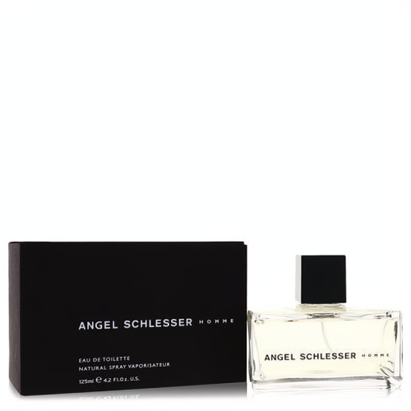 Angel Schlesser Homme 4.2 oz Eau De Toilette. Sleek clear glass bottle with black cap, beside its matching minimalist black box.