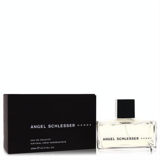 Angel Schlesser Homme 4.2 oz Eau De Toilette. Sleek clear glass bottle with black cap, beside its matching minimalist black box.