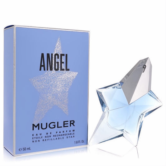 Angel by Mugler 50mL Eau de Parfum. Iconic star-shaped blue glass bottle with silver cap and elegant light blue box.