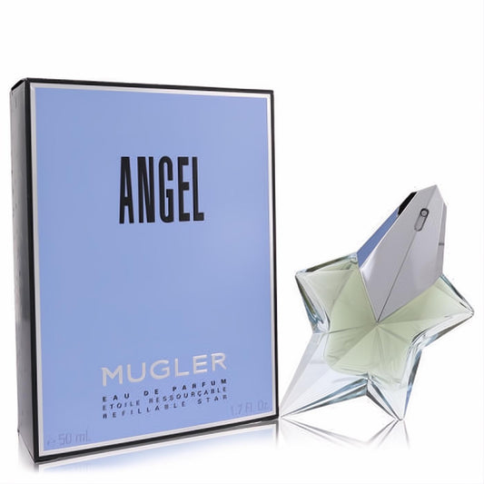 Unique Angel by Mugler 1.7 oz refillable star perfume bottle with a sleek silver cap and elegant light blue box.