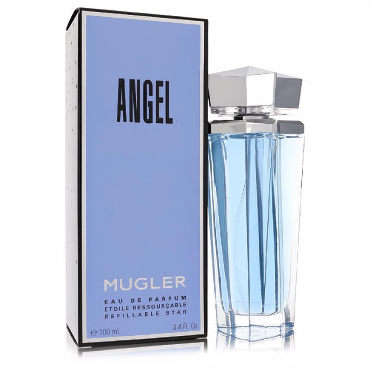 Angel by Mugler 3.4 oz refillable Eau de Parfum. Clear faceted glass bottle with light blue liquid, next to its iconic periwinkle box.