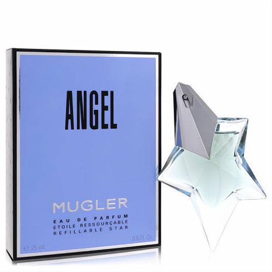 Angel by Mugler .8 oz refillable star-shaped perfume bottle, clear glass with sleek silver cap, next to its signature light blue box.