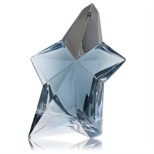 Iconic Thierry Mugler Angel 3.4 oz star perfume bottle, featuring elegant light blue faceted glass and a sleek silver sprayer.