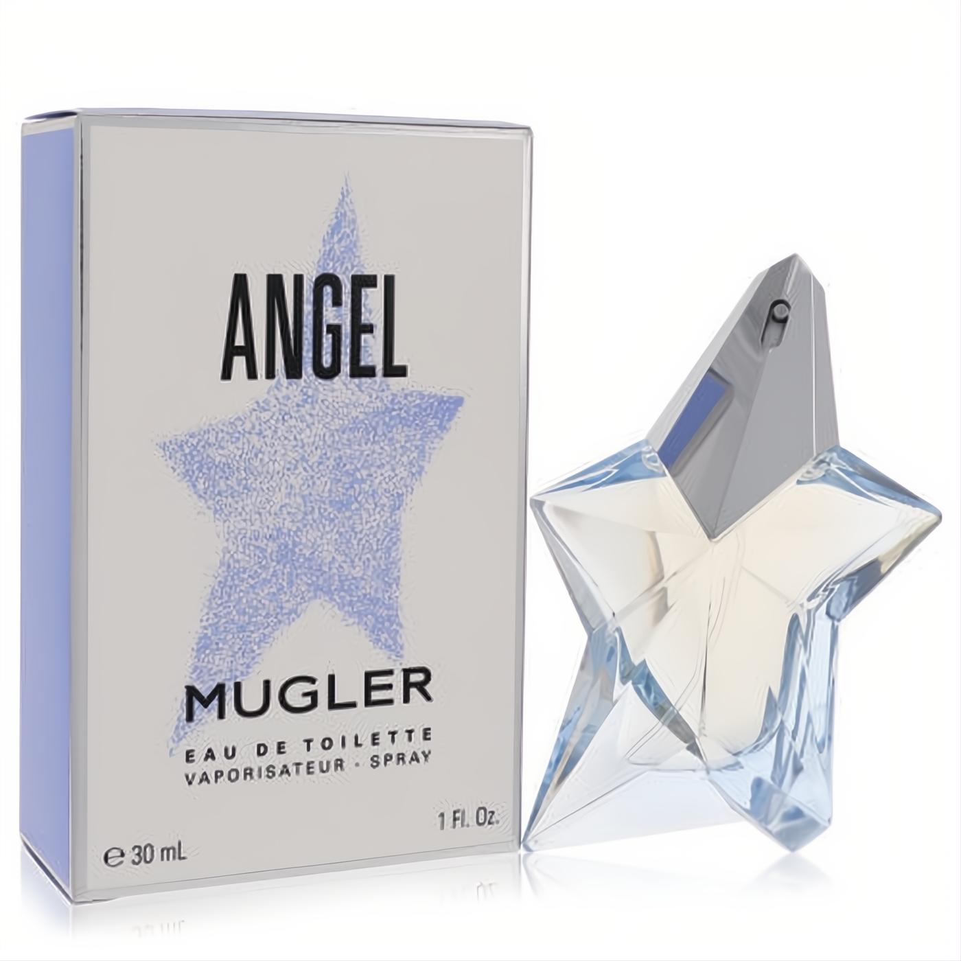 Angel by Mugler 1 oz Eau De Toilette. Iconic star-shaped clear glass perfume bottle with silver spray, beside its elegant silver-blue box.
