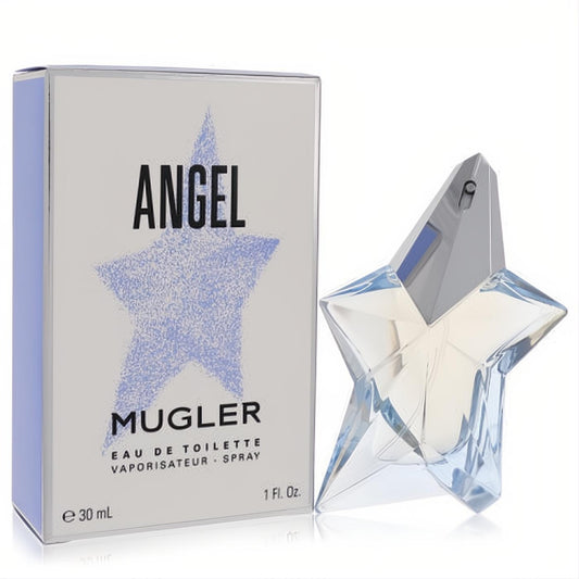 Angel by Mugler 1 oz Eau De Toilette. Iconic star-shaped clear glass perfume bottle with silver spray, beside its elegant silver-blue box.