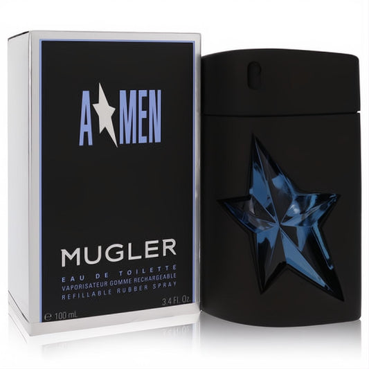 Mugler A*MEN 3.4 oz men's Eau De Toilette. Refillable matte black rubber bottle with a striking blue star emblem, next to its sleek box.