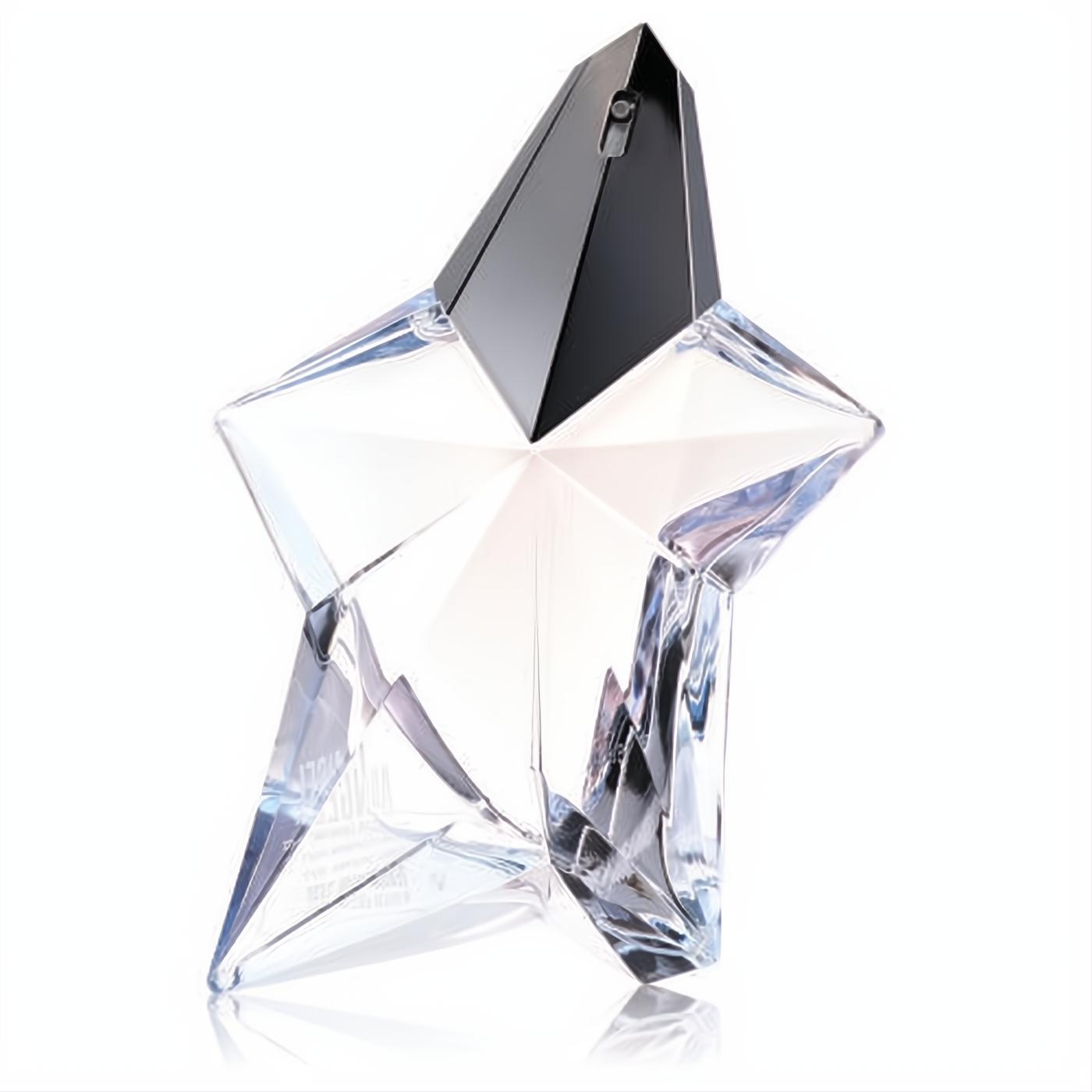 Iconic Thierry Mugler Angel 3.4 oz EDT tester. Clear faceted star-shaped glass perfume bottle with a sleek black sprayer.