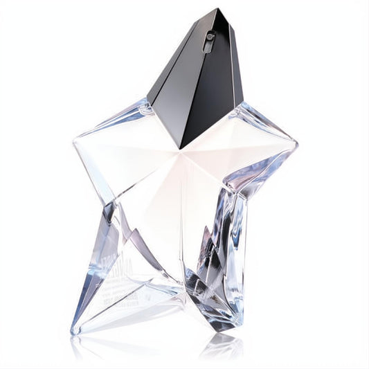 Iconic Thierry Mugler Angel 3.4 oz EDT tester. Clear faceted star-shaped glass perfume bottle with a sleek black sprayer.