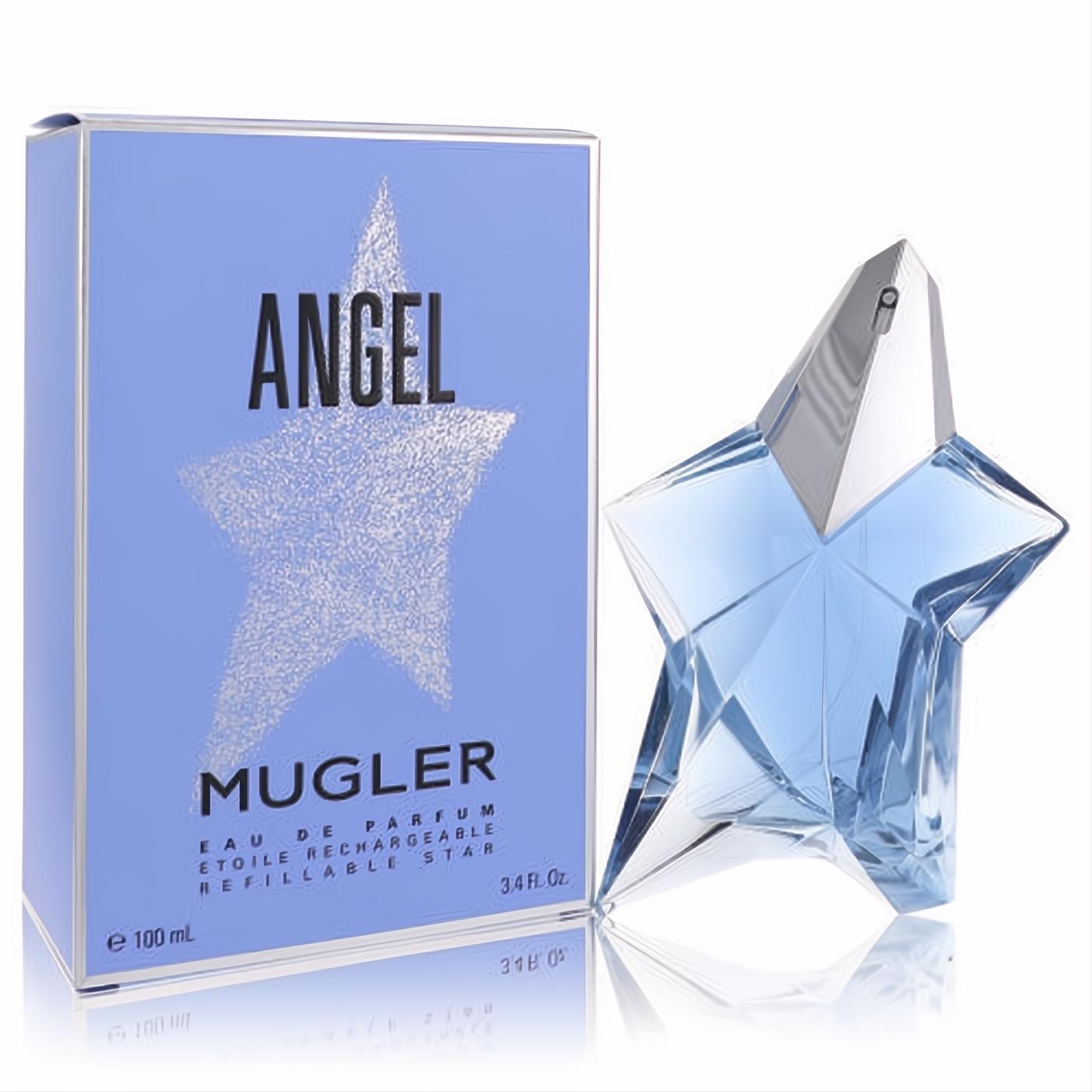 Angel by Mugler 3.4 oz refillable star perfume bottle with light blue glass, silver cap, and elegant matching box.