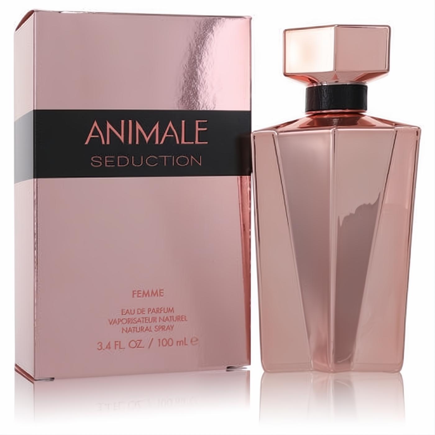 Experience Animale Seduction Femme 3.4 oz EDP. Luxurious rose gold faceted bottle and box, exuding sophisticated femininity.