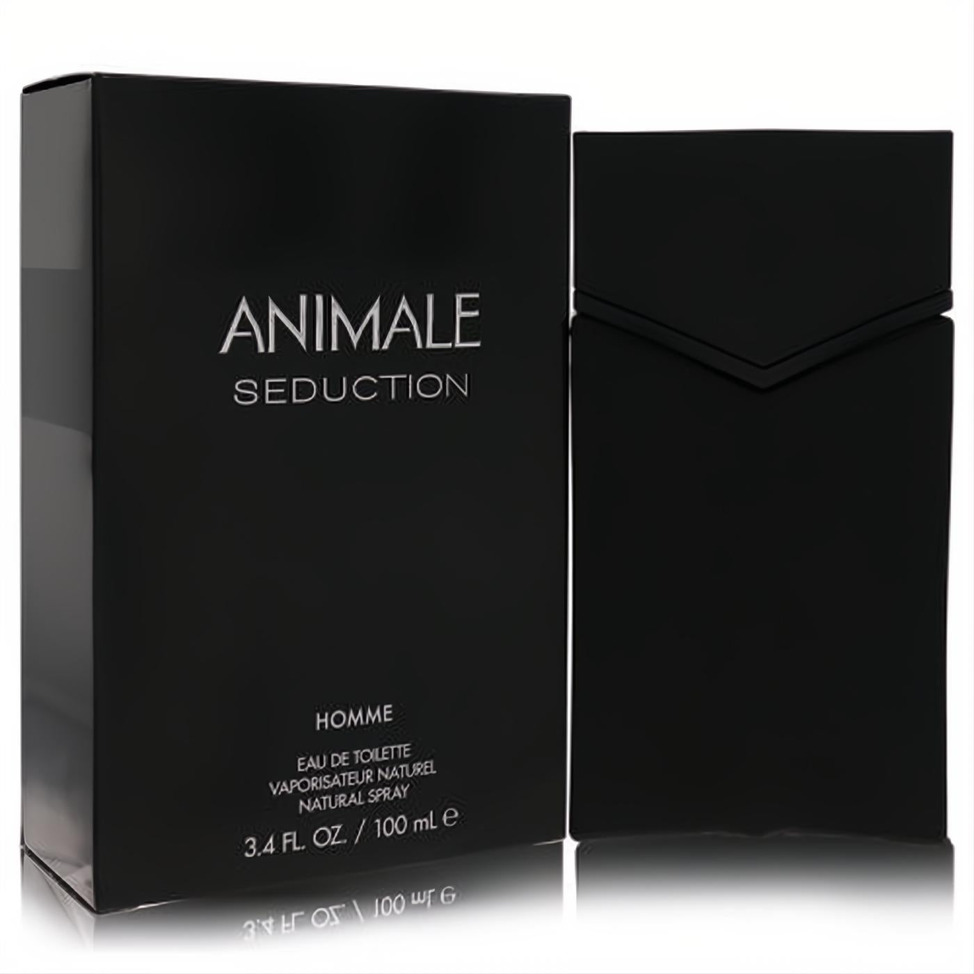 Animale Seduction Homme 3.4 oz cologne. Sophisticated matte black bottle with unique angular cap and matching box.