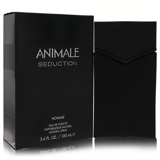 Animale Seduction Homme 3.4 oz cologne. Sophisticated matte black bottle with unique angular cap and matching box.
