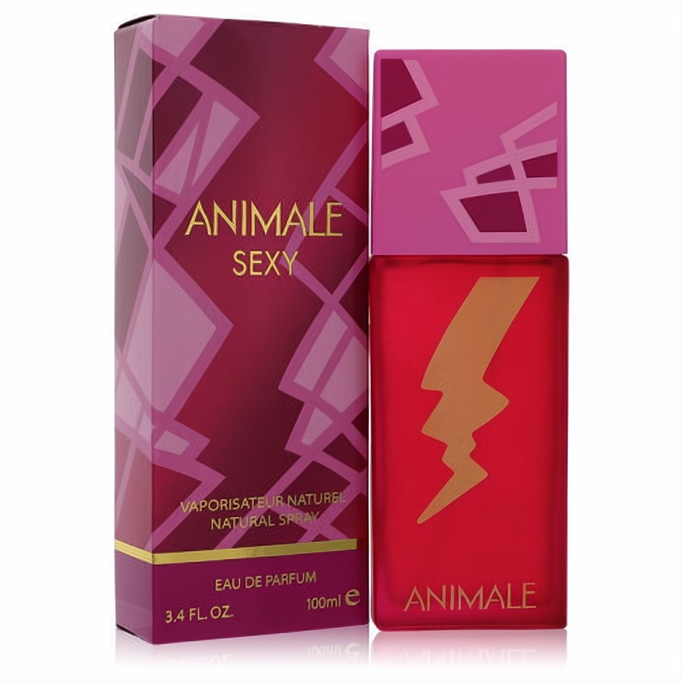 Animale Sexy women's Eau De Parfum, a striking red 3.4 oz bottle with a bold gold lightning bolt design and a chic pink geometric box.