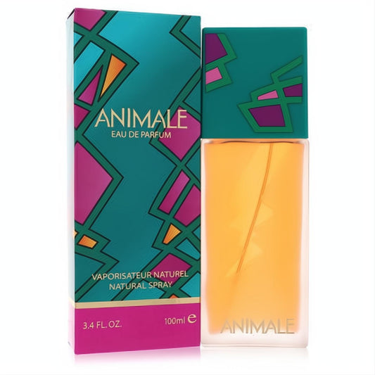 Animale Eau De Parfum 3.4 oz spray. Amber fragrance in a clear bottle with a vibrant teal geometric cap and matching box.