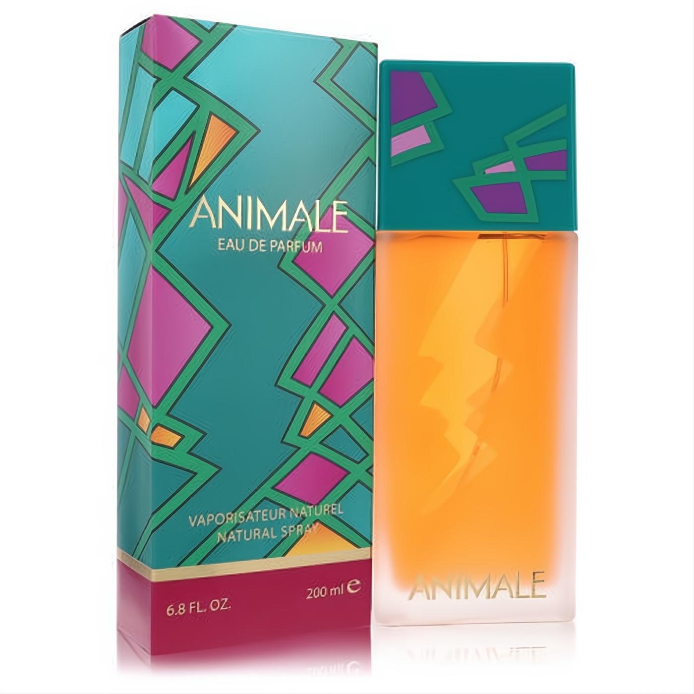 Experience Animale Eau De Parfum 6.8 oz: a luxurious amber fragrance in a modern bottle with a bold, colorful geometric box.