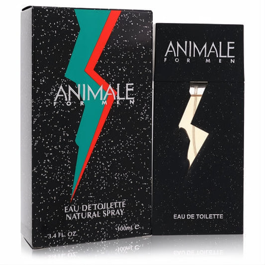 Bold Animale for Men 3.4 oz EDT. Black box with red/teal lightning, sleek black bottle featuring a gold lightning bolt.