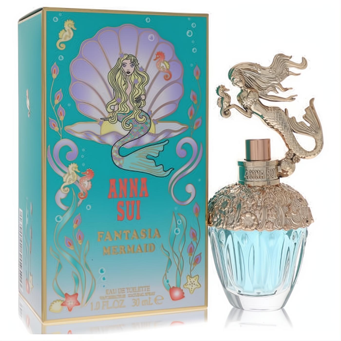 Anna Sui Fantasia Mermaid 1 oz EDT. Exquisite gold mermaid cap, light blue ribbed bottle, and vibrant teal box.