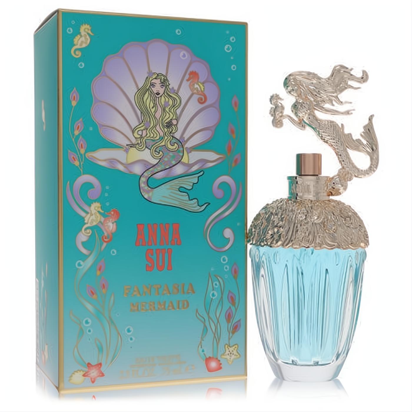 Dive into Anna Sui Fantasia Mermaid EDT. Teal box with enchanting mermaid art, elegant blue ribbed bottle, and a golden mermaid cap.