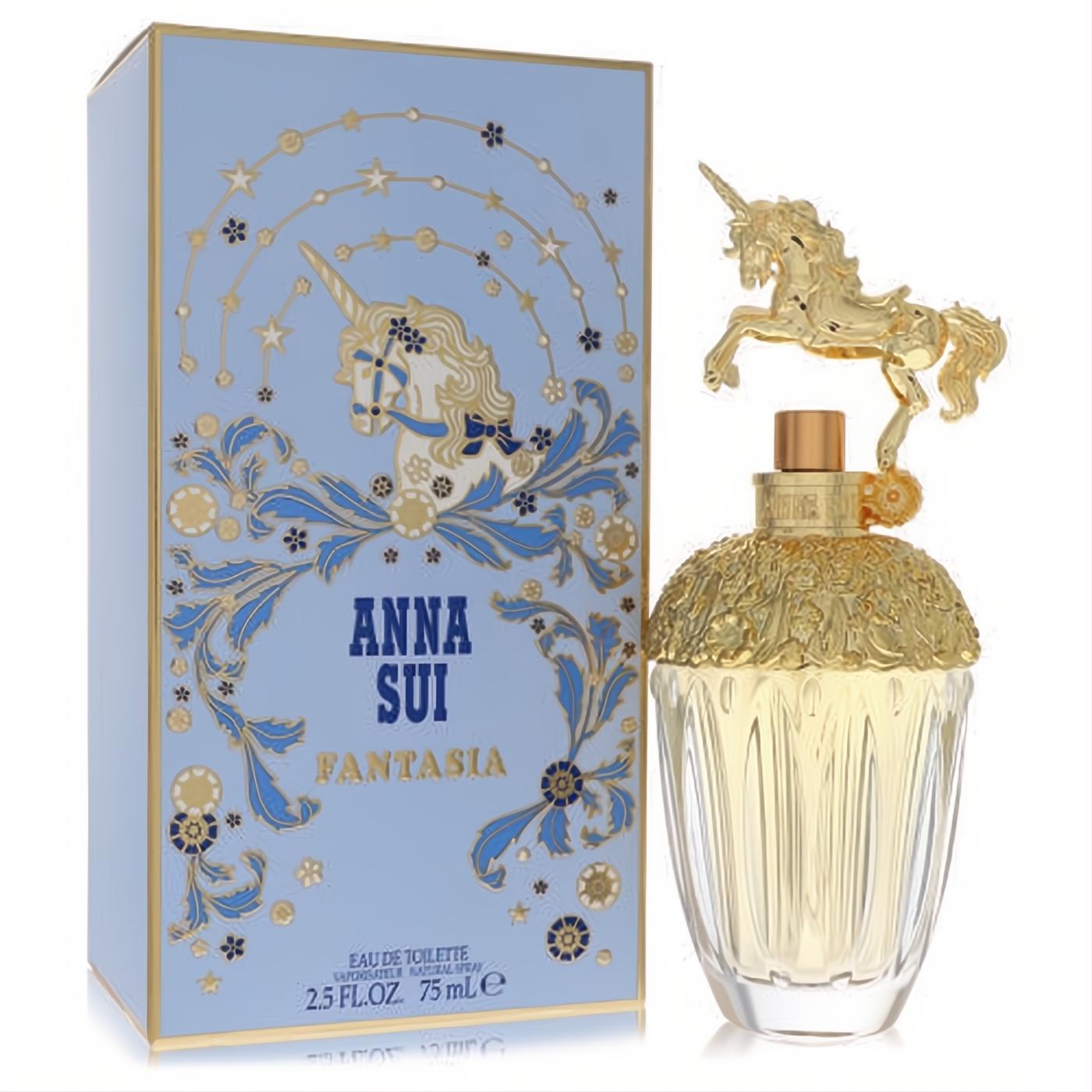 Anna Sui Fantasia 2.5 oz Eau De Toilette. Golden unicorn-capped bottle and whimsical blue, gold-foiled box.