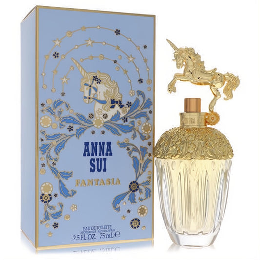 Anna Sui Fantasia 2.5 oz Eau De Toilette. Golden unicorn-capped bottle and whimsical blue, gold-foiled box.