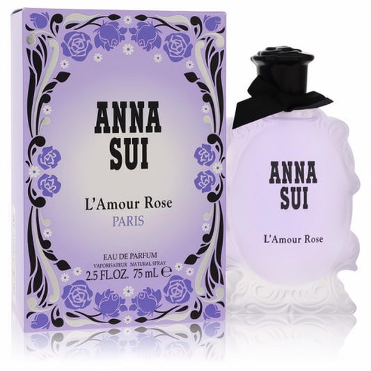 Anna Sui L'amour Rose 2.5 oz EDP in an enchanting lavender ornate bottle with a black bow, beside its floral box.