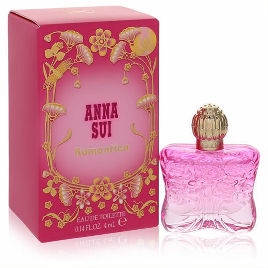 Elegant Anna Sui Romantica .14 oz mini EDT. Pink embossed glass bottle with ornate gold cap, displayed with its vibrant floral box.