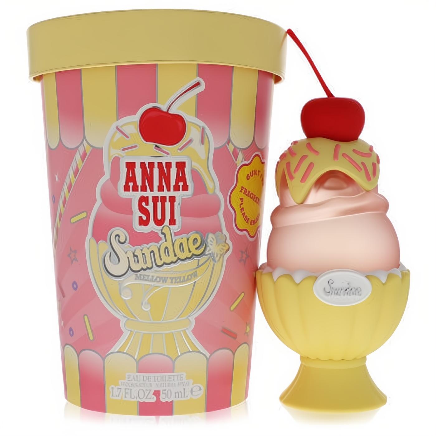 Experience Anna Sui Sundae Mellow Yellow 1.7 oz EDT. Delightful pink & yellow ice cream sundae bottle with cherry cap and matching packaging.