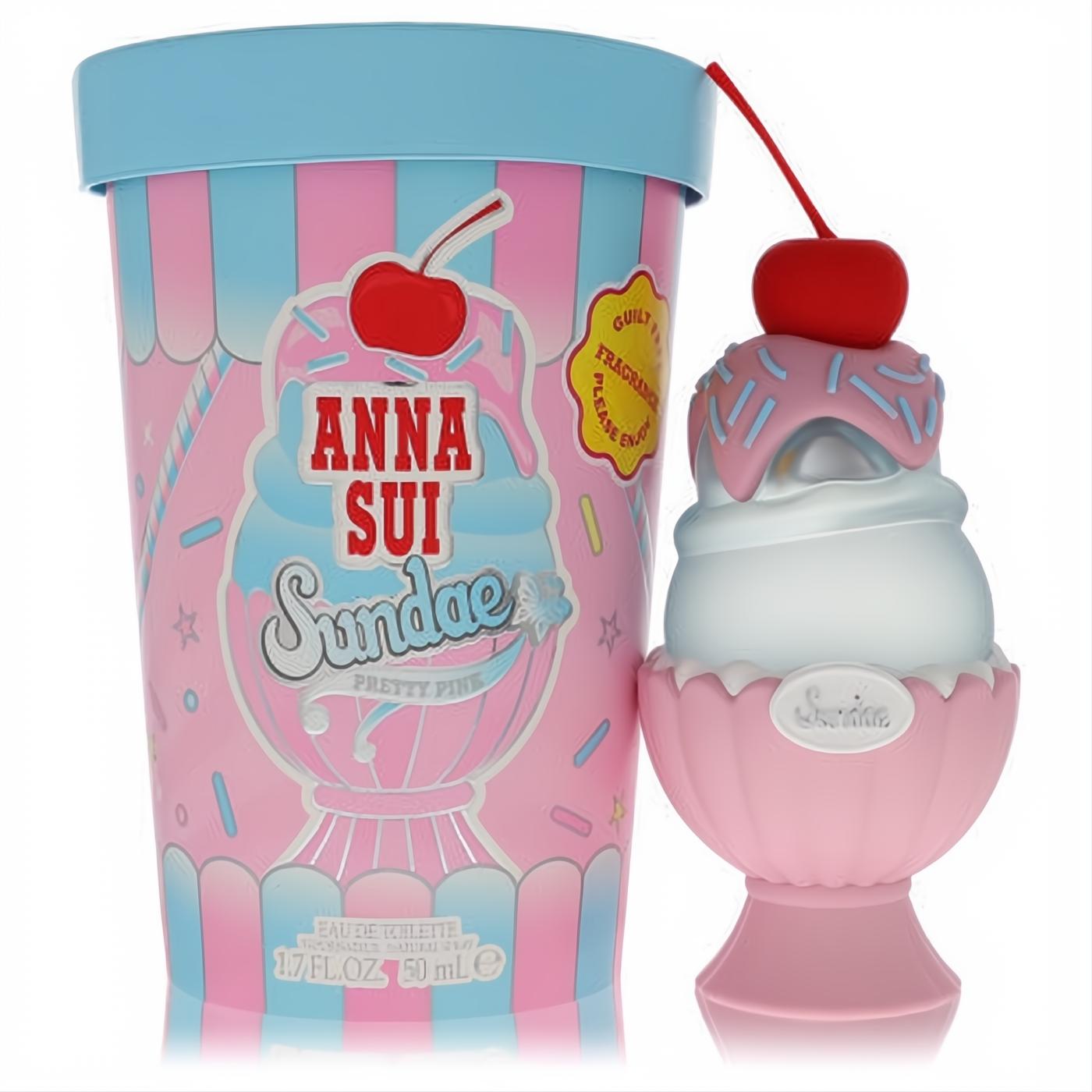 Anna Sui Sundae Pretty Pink 1.7 oz EDT spray. Whimsical pink ice cream sundae bottle with a cherry top, paired with its charming striped gift box.
