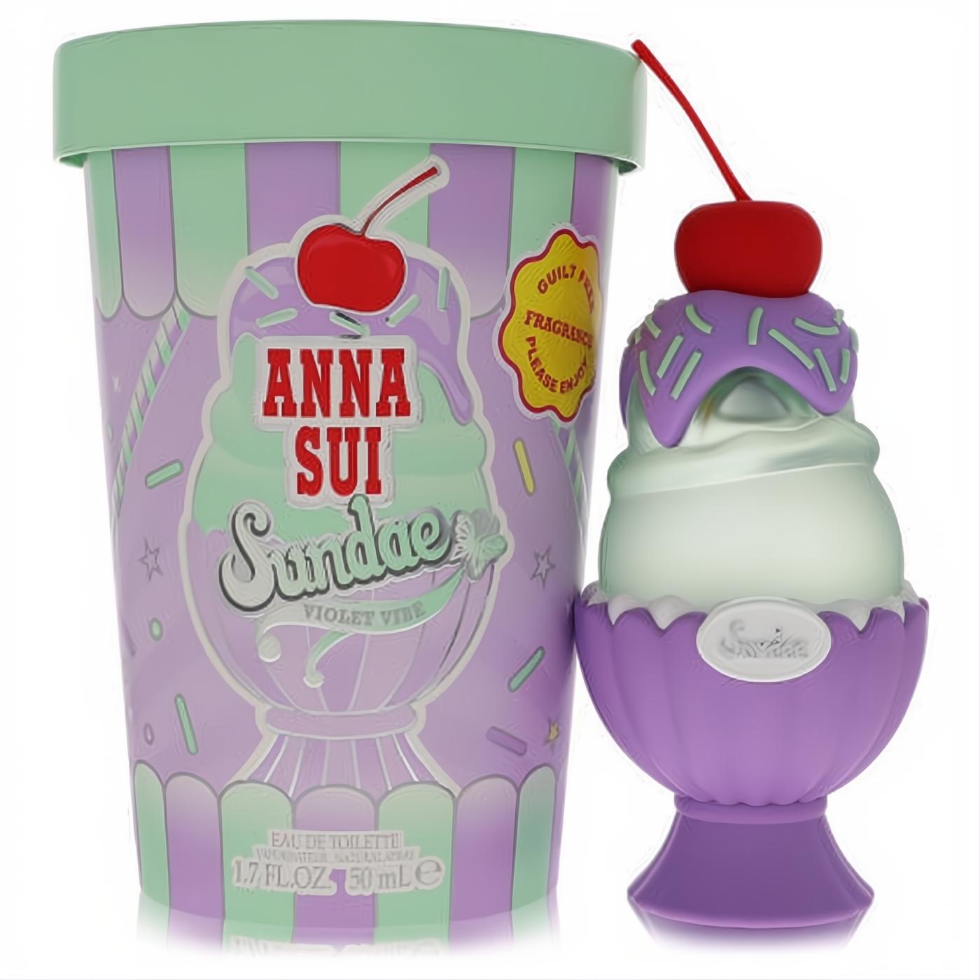 Anna Sui Sundae Violet Vibe 1.7 oz EDT. Playful ice cream sundae bottle with cherry cap, next to its purple and mint striped box.
