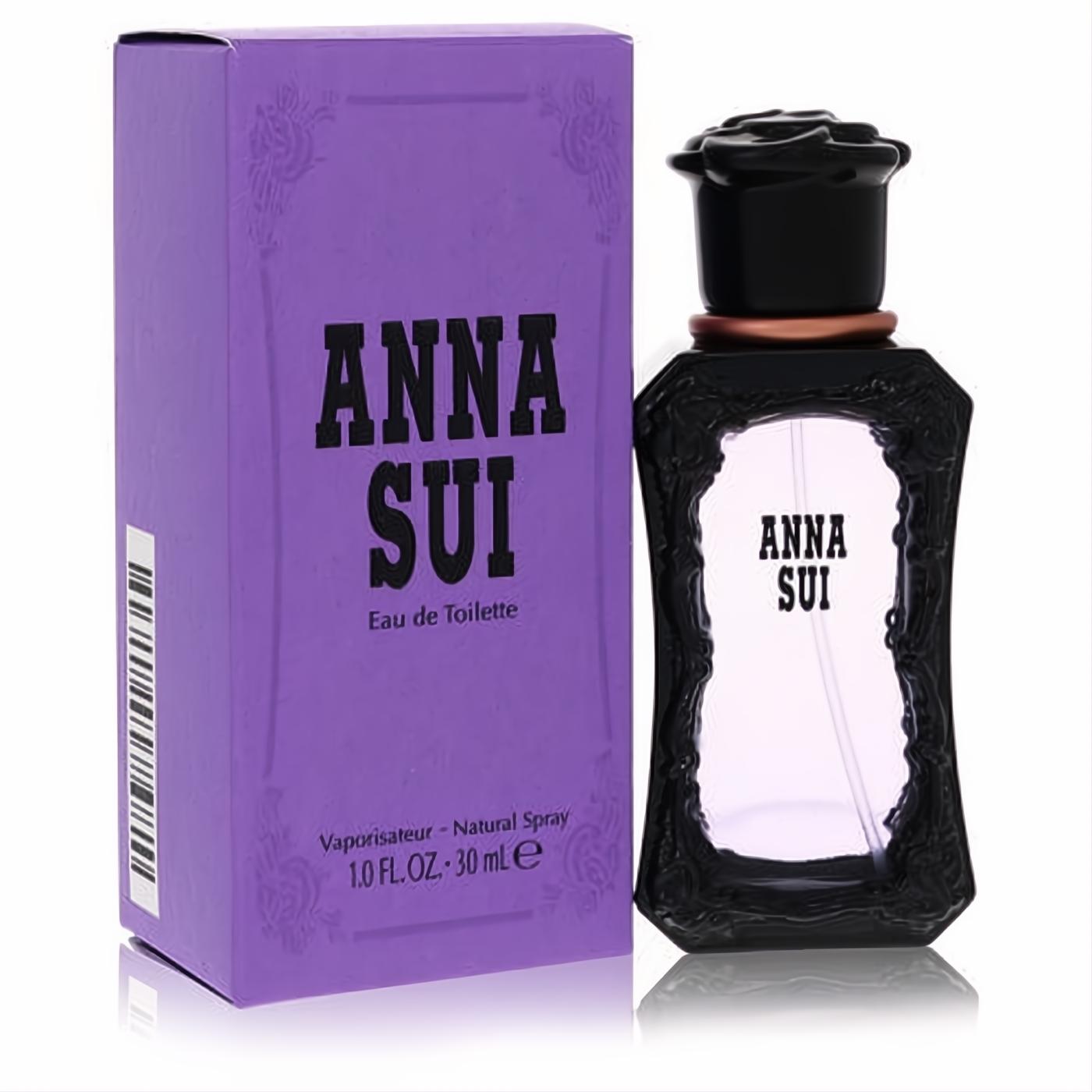 Luxurious Anna Sui 1 oz Eau De Toilette. Black ornate bottle with a rose cap, rose gold accent, and matching lavender box.