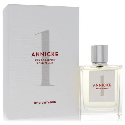 Annicke 1 by Eight & Bob 3.4 oz Eau De Parfum. Elegant clear glass bottle with silver cap and minimalist white box.