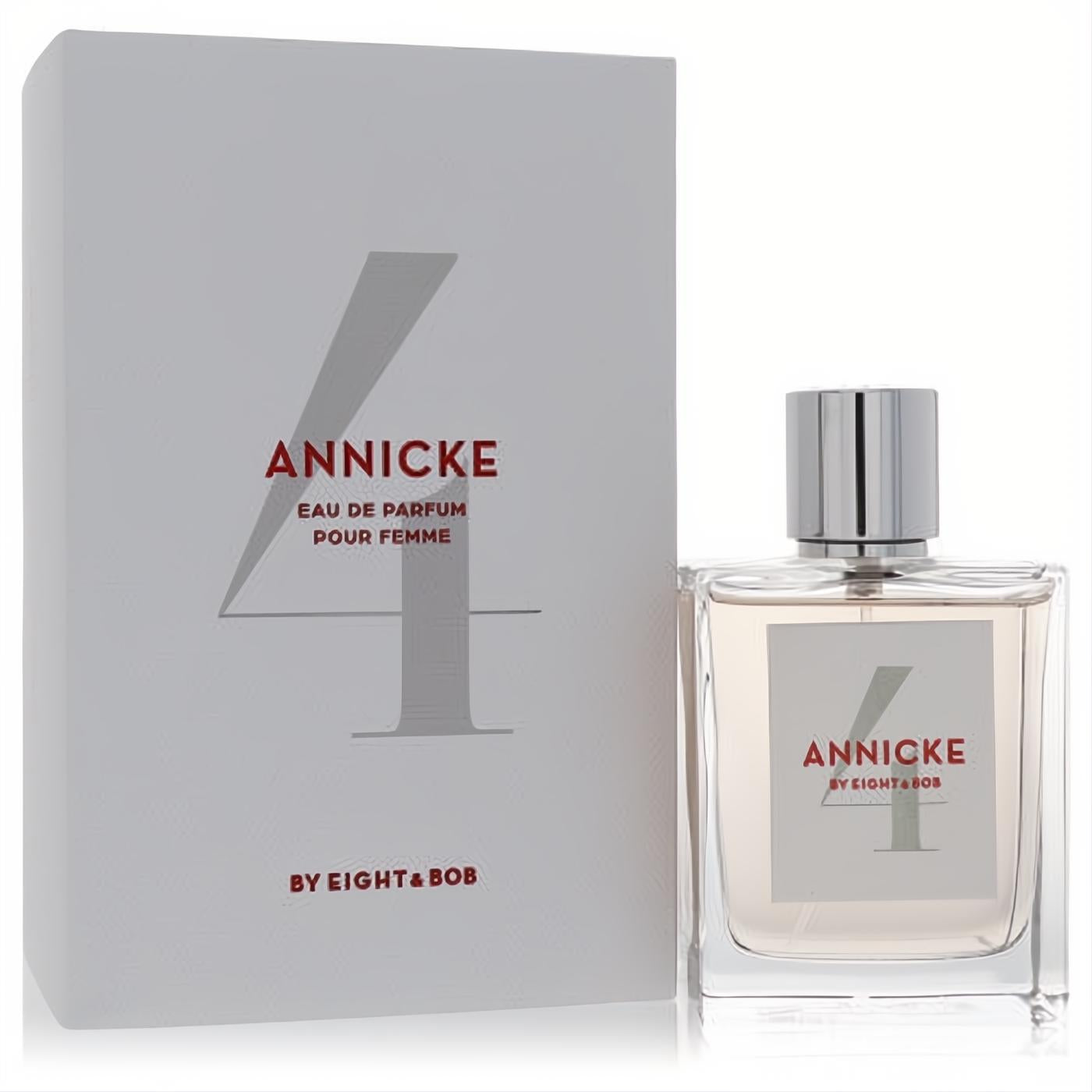 Annicke 4 by Eight & Bob 3.4 oz EDP. Elegant clear glass bottle with silver cap and minimalist white box featuring a bold "4".