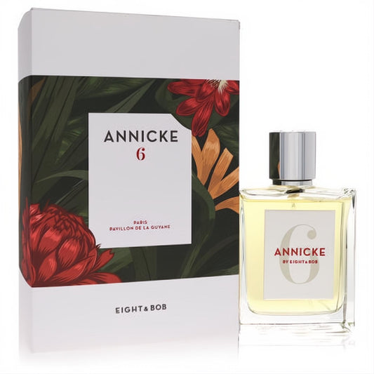 Annicke 6 by Eight & Bob women's EDP spray: elegant clear glass bottle with silver cap and vibrant tropical box.