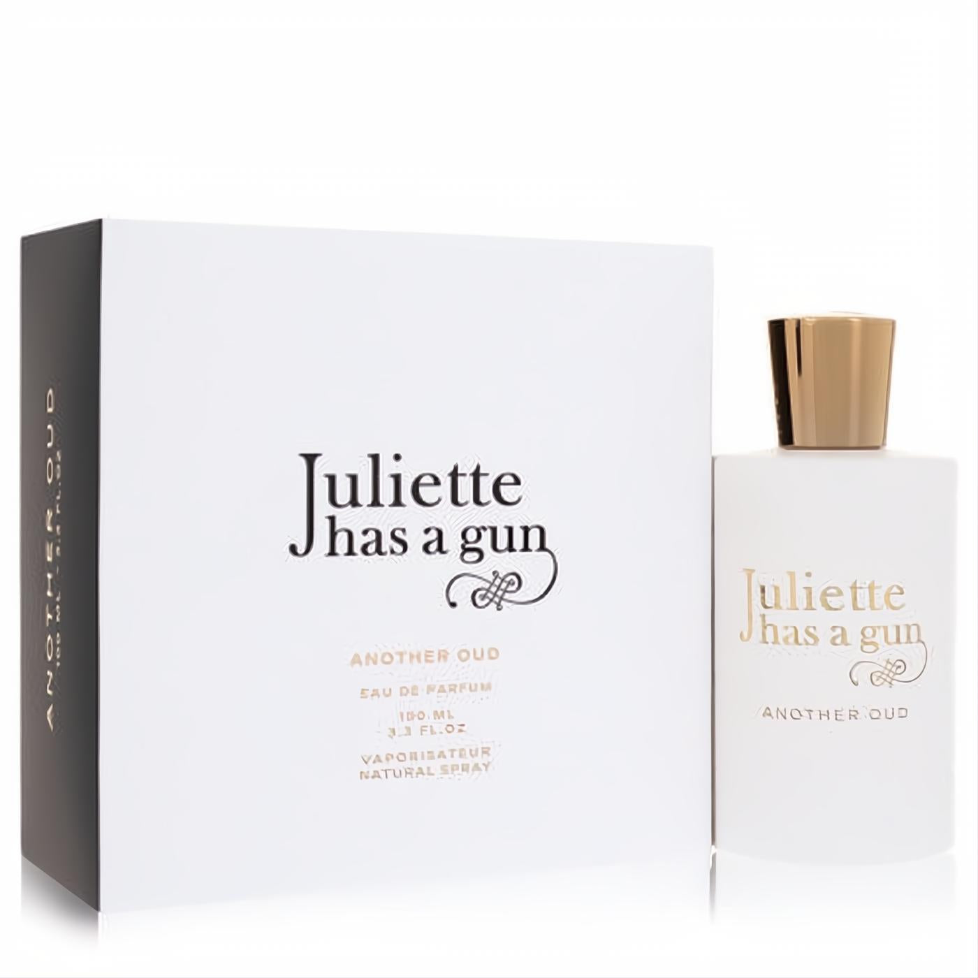 Juliette Has a Gun Another Oud 100ml EDP. White minimalist bottle with gold cap, displayed with its matching elegant box.