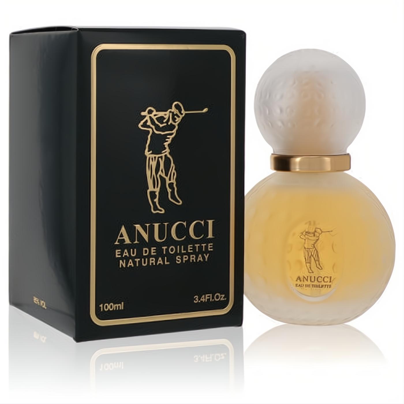 Anucci Men's 3.4 oz Eau De Toilette: elegant frosted bottle with golf ball cap, beside its sophisticated black & gold box featuring a golfer.