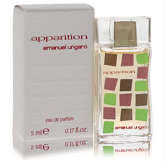 Apparition Ungaro mini EDP .17 oz perfume. Clear glass bottle with vibrant green, brown, and maroon squares. Chic white box.