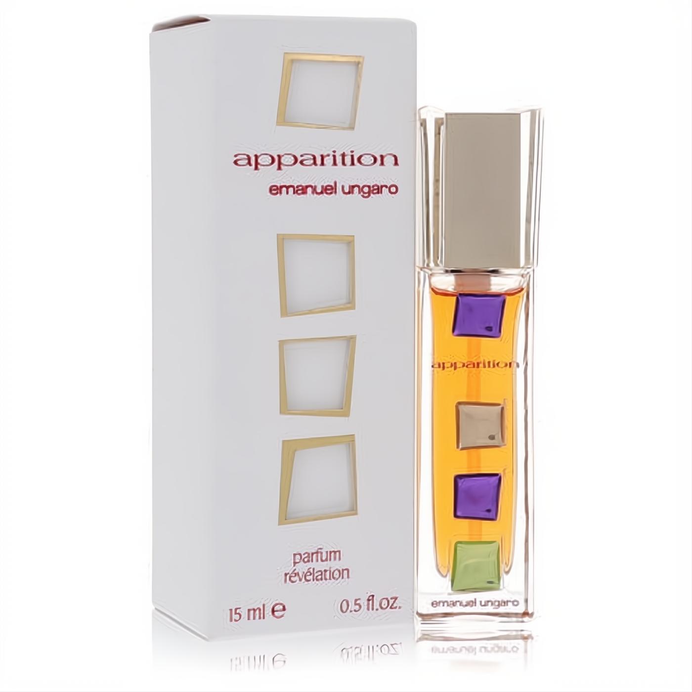 Apparition Ungaro .5 oz pure parfum: sleek glass bottle with amber liquid, purple, brown, green accents, and elegant white gold-framed box.