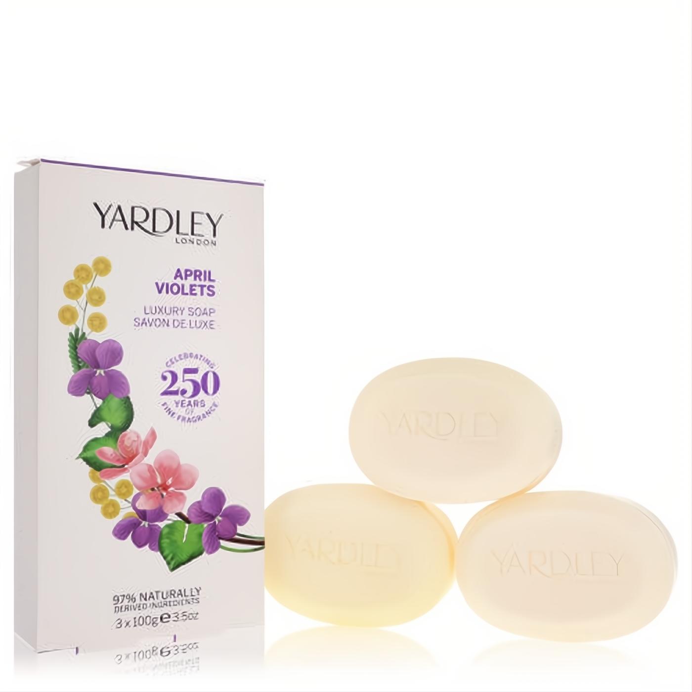 Indulge in Yardley London April Violets 3-pack luxury soap. Floral box and three pale yellow 3.5oz oval bars.