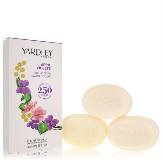 Indulge in Yardley London April Violets 3-pack luxury soap. Floral box and three pale yellow 3.5oz oval bars.