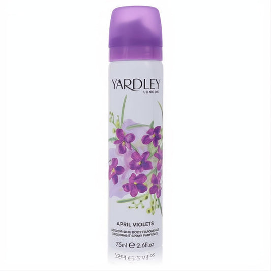 Yardley London April Violets body spray. White can with elegant purple violet floral design and matching violet cap. 2.6 oz.