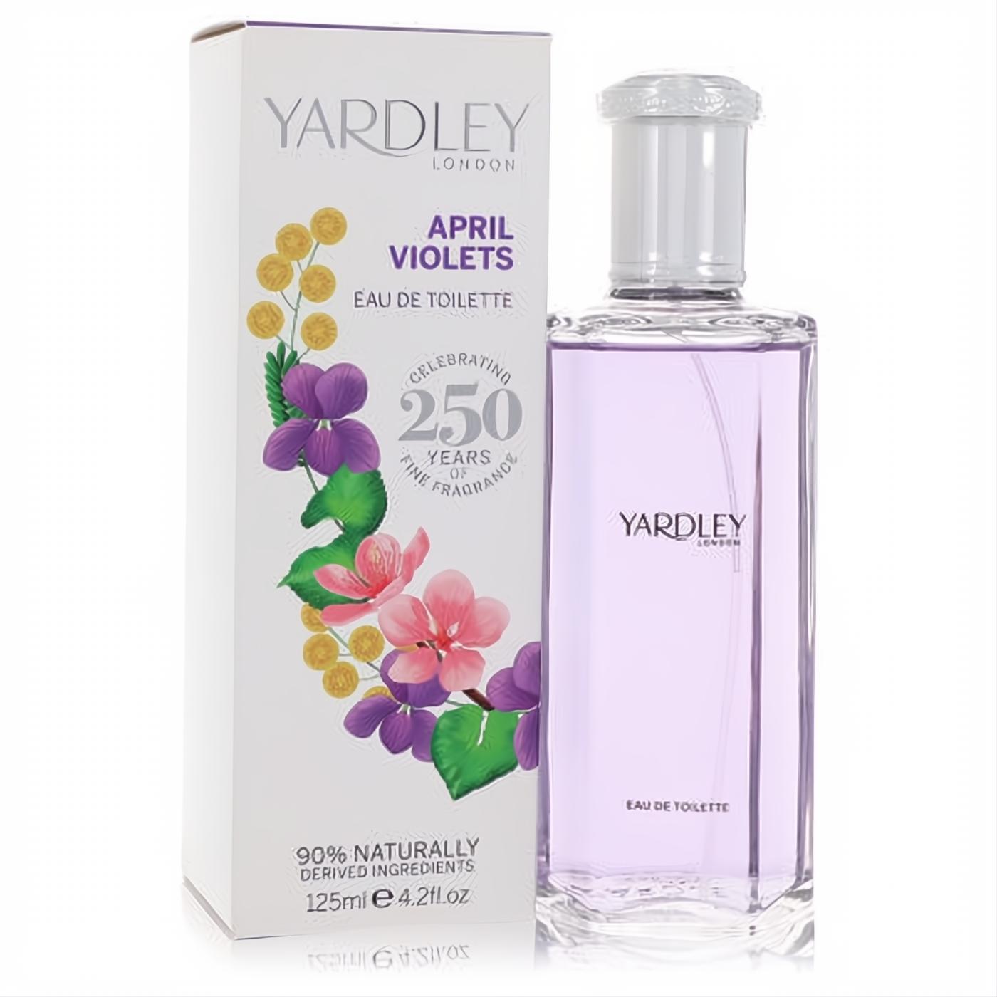 Yardley London April Violets 4.2 oz EDT. Delicate purple fragrance in clear glass bottle, with white box adorned with vibrant violet flowers.