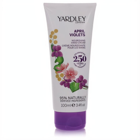 Yardley London April Violets 3.4 oz nourishing hand cream. White tube, purple cap, elegant violet floral design.