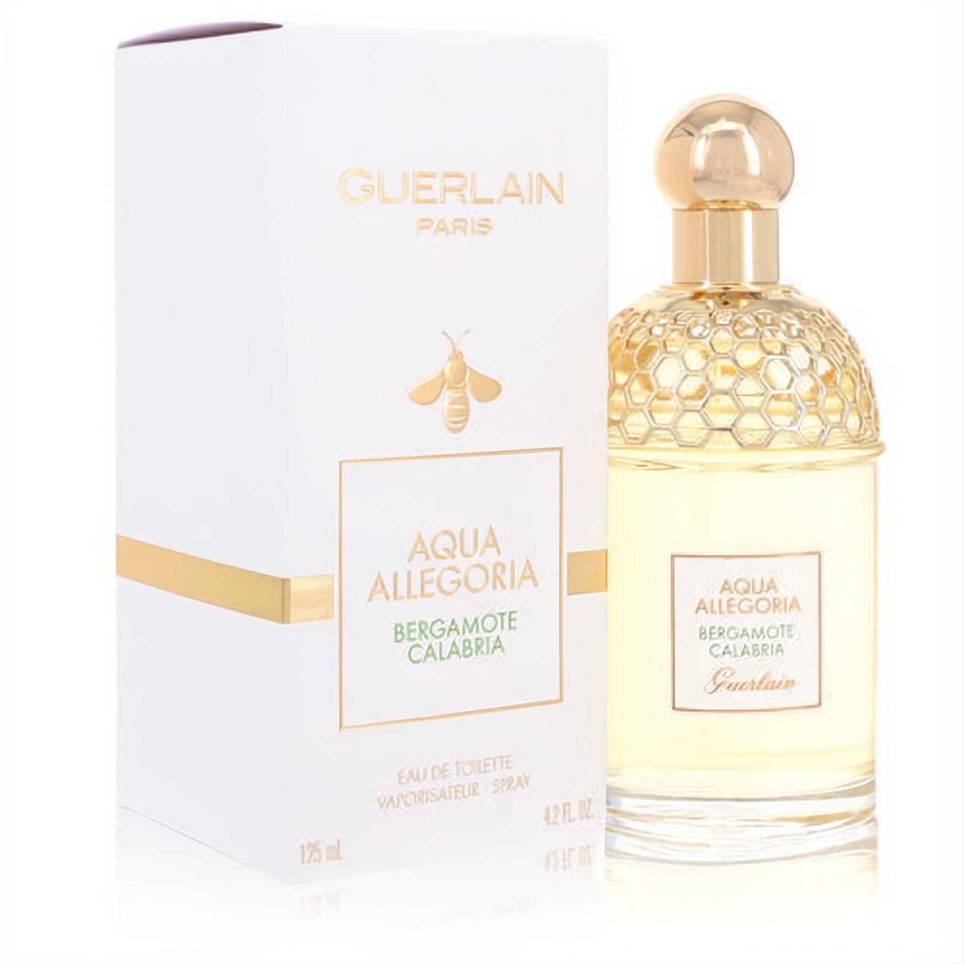 Guerlain Aqua Allegoria Bergamote Calabria 4.2 oz EDT spray. Elegant clear bottle with gold honeycomb cap and luxurious white box.