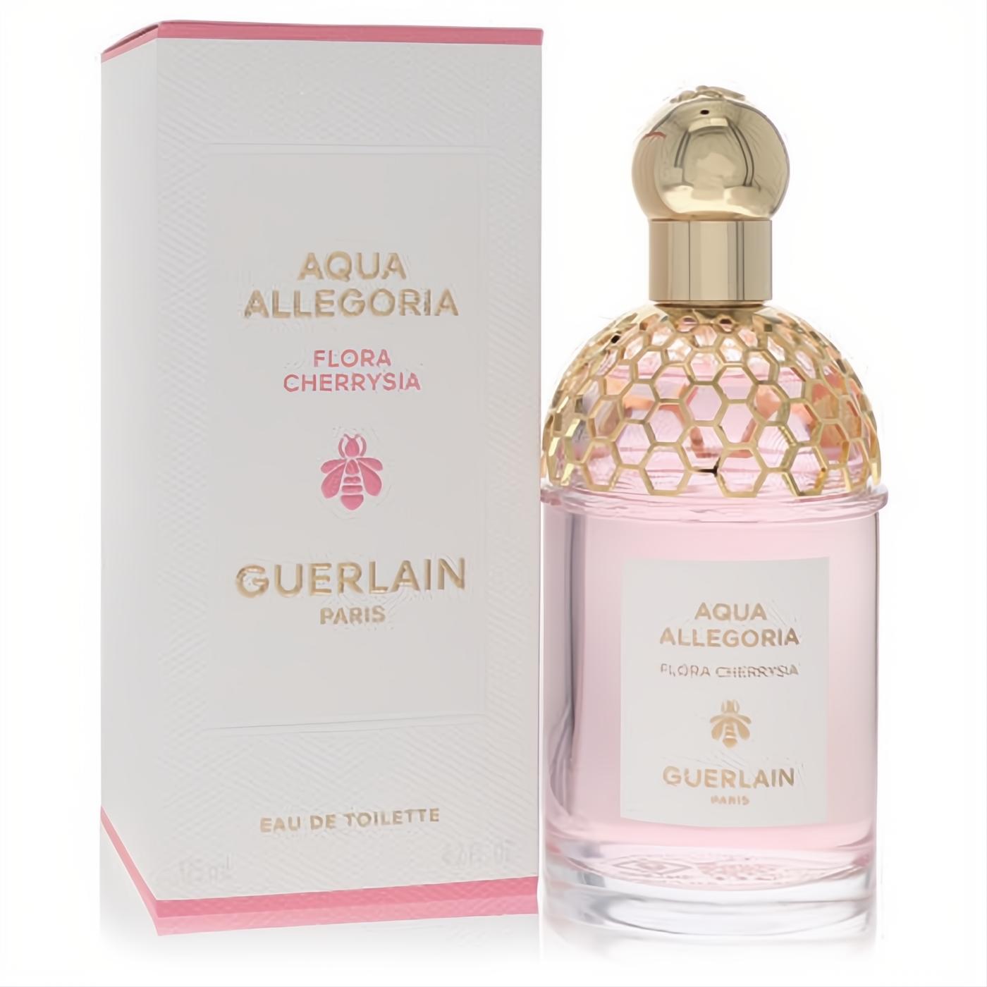 Elegant Guerlain Aqua Allegoria Flora Cherrysia 4.2 oz EDT spray, featuring pink liquid, iconic gold honeycomb cap, and matching white box.