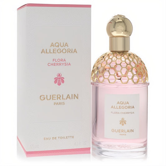 Elegant Guerlain Aqua Allegoria Flora Cherrysia 4.2 oz EDT spray, featuring pink liquid, iconic gold honeycomb cap, and matching white box.