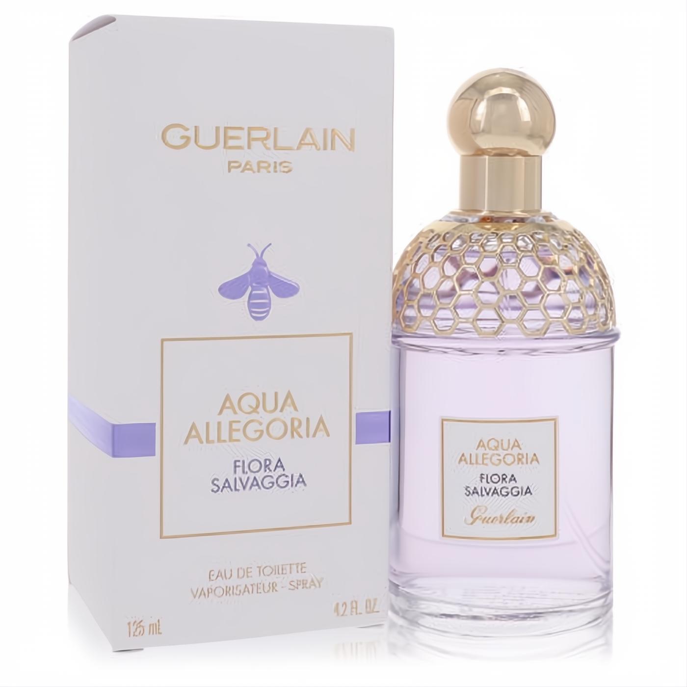 Guerlain Aqua Allegoria Flora Salvaggia 4.2 oz EDT. Clear bottle with delicate purple liquid, gold honeycomb cap, and elegant white bee-adorned box.