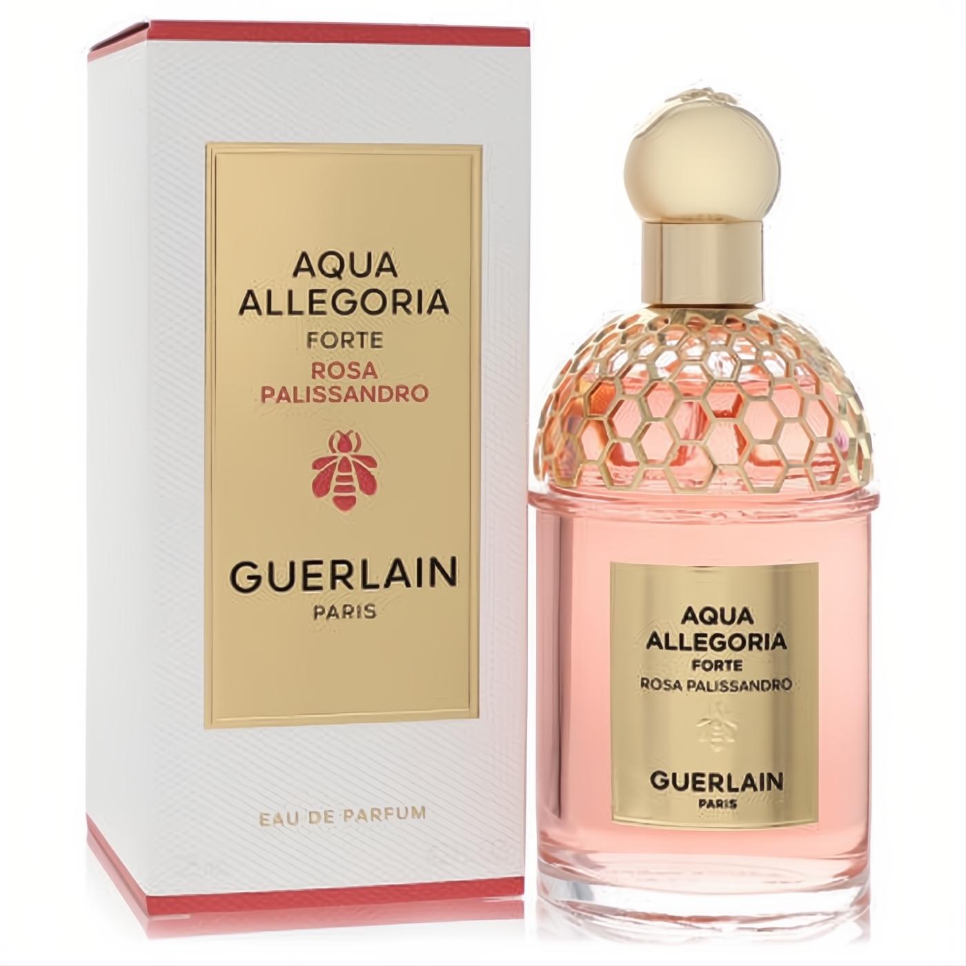 Luxurious Guerlain Aqua Allegoria Forte Rosa Palissandro 4.2 oz EDP. Pink fragrance bottle with gold honeycomb cap and matching white box.