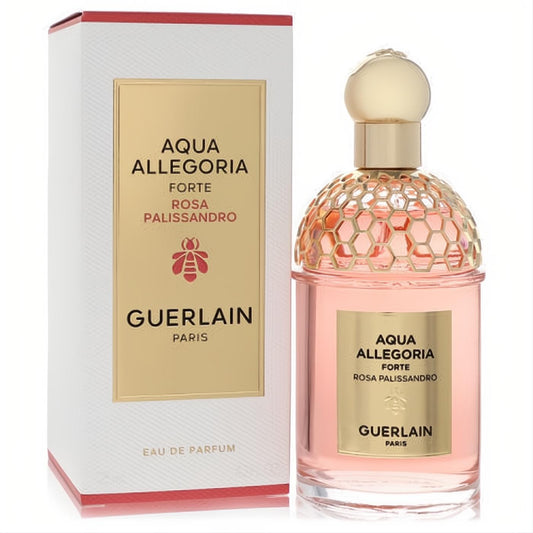 Luxurious Guerlain Aqua Allegoria Forte Rosa Palissandro 4.2 oz EDP. Pink fragrance bottle with gold honeycomb cap and matching white box.