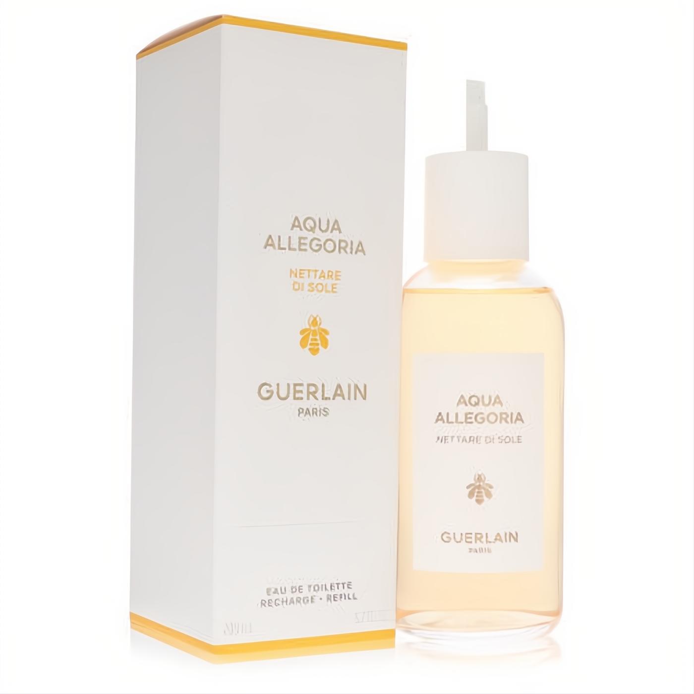 Guerlain Aqua Allegoria Nettare Di Sole 6.7 oz refill. Golden fragrance in a clear glass bottle, paired with its crisp white and yellow-accented box.